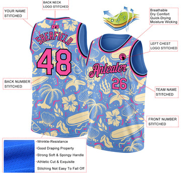 Custom Light Blue Pink-Black 3D Pattern Tropical Hawaii Trees Authentic Basketball Jersey