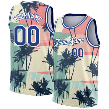 Custom Cream Royal-White 3D Pattern Tropical Hawaii Trees Authentic Basketball Jersey