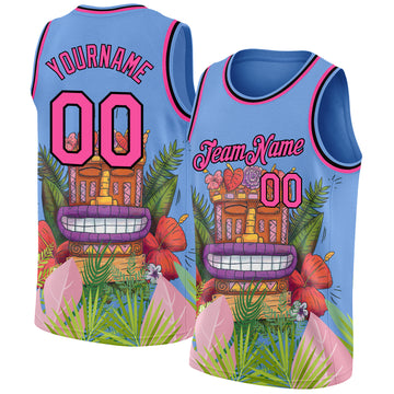 Custom Light Blue Pink-Black 3D Pattern Cartoon Tropical Hawaii Rainforest Authentic Basketball Jersey