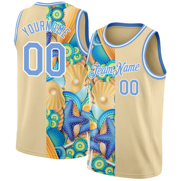 Custom City Cream Light Blue-White 3D Pattern Beach Seashells And Starfishes Authentic Basketball Jersey