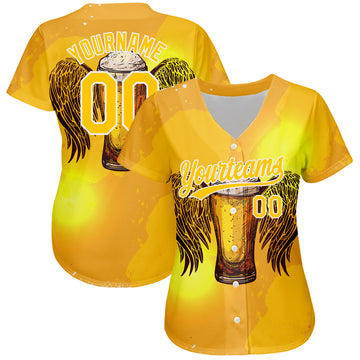 Custom Yellow White 3D Pattern Design Beer Authentic Baseball Jersey