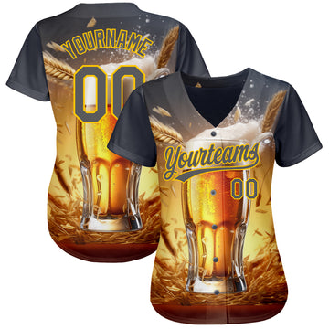 Custom Steel Gray Yellow 3D Pattern Design International Beer Day Authentic Baseball Jersey