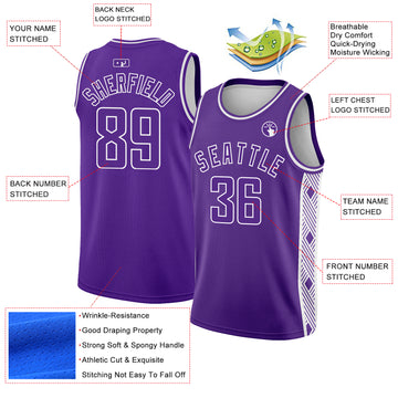 Custom Purple White Side Panel Abstract Lines Authentic City Edition Basketball Jersey