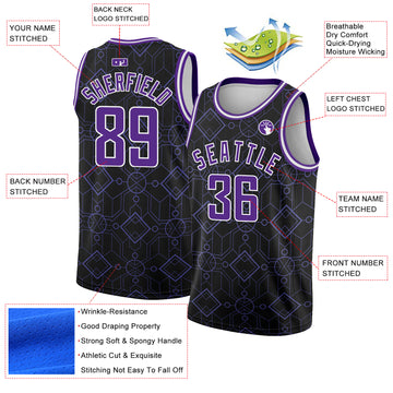 Custom Black Purple-White Geometric Shapes Authentic City Edition Basketball Jersey
