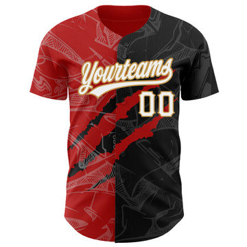 Custom Graffiti Pattern Black Red-Old Gold 3D Scratch Authentic Baseball Jersey