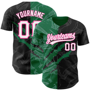 Custom Graffiti Pattern Black Kelly Green-Pink 3D Scratch Authentic Baseball Jersey