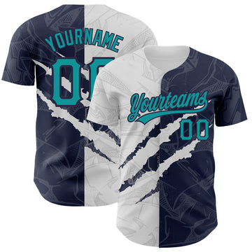 Custom Graffiti Pattern Teal-Navy 3D Scratch Authentic Baseball Jersey