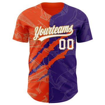 Custom Graffiti Pattern Purple Orange-Old Gold 3D Scratch Authentic Baseball Jersey