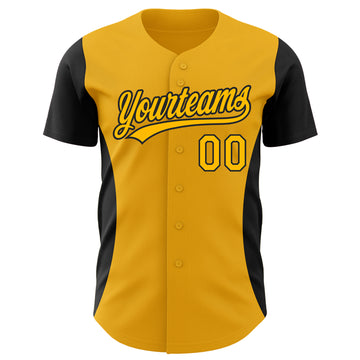 Custom Gold Black 3D Pattern Design Side Panel Stripes Authentic Baseball Jersey
