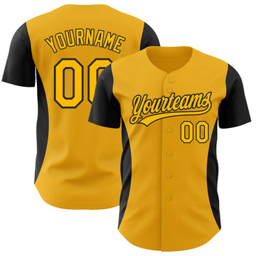 Custom Gold Black 3D Pattern Design Side Panel Stripes Authentic Baseball Jersey