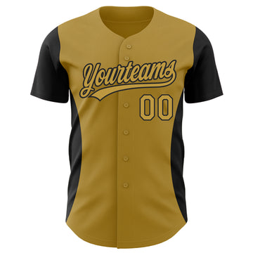 Custom Old Gold Black 3D Pattern Design Side Panel Stripes Authentic Baseball Jersey