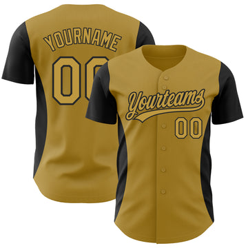 Custom Old Gold Black 3D Pattern Design Side Panel Stripes Authentic Baseball Jersey