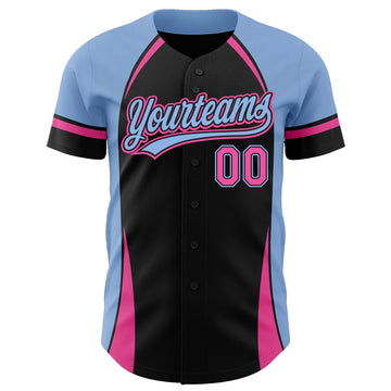 Custom Black Pink-Light Blue 3D Pattern Design Curve Solid Authentic Baseball Jersey