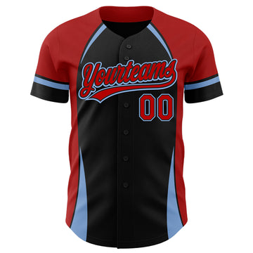 Custom Black Red-Light Blue 3D Pattern Design Curve Solid Authentic Baseball Jersey