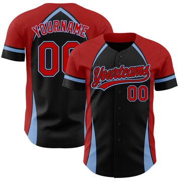 Custom Black Red-Light Blue 3D Pattern Design Curve Solid Authentic Baseball Jersey