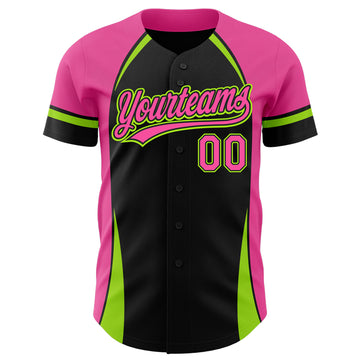 Custom Black Pink-Neon Green 3D Pattern Design Curve Solid Authentic Baseball Jersey