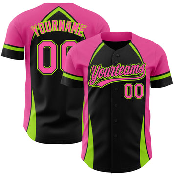 Custom Black Pink-Neon Green 3D Pattern Design Curve Solid Authentic Baseball Jersey