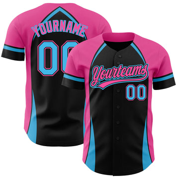 Custom Black Sky Blue-Pink 3D Pattern Design Curve Solid Authentic Baseball Jersey