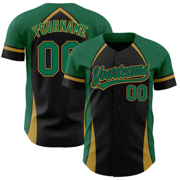 Custom Black Kelly Green-Old Gold 3D Pattern Design Curve Solid Authentic Baseball Jersey