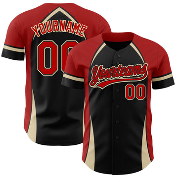 Custom Black Red-Cream 3D Pattern Design Curve Solid Authentic Baseball Jersey