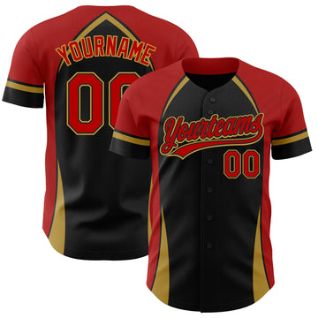 Custom Black Red-Old Gold 3D Pattern Design Curve Solid Authentic Baseball Jersey