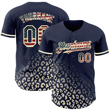 Custom Navy Vintage USA Flag-Cream 3D Pattern Design Leopard Print Fade Fashion Authentic Baseball Jersey