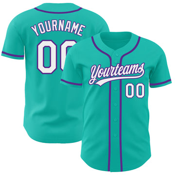 Custom Aqua White-Purple Authentic Baseball Jersey