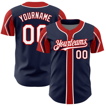 Custom Navy White-Red 3 Colors Arm Shapes Authentic Baseball Jersey