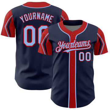 Custom Navy Light Blue-Red 3 Colors Arm Shapes Authentic Baseball Jersey