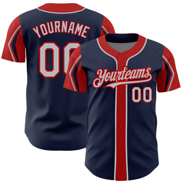 Custom Navy Gray-Red 3 Colors Arm Shapes Authentic Baseball Jersey