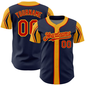 Custom Navy Red-Gold 3 Colors Arm Shapes Authentic Baseball Jersey