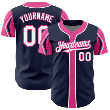 Custom Navy White-Pink 3 Colors Arm Shapes Authentic Baseball Jersey