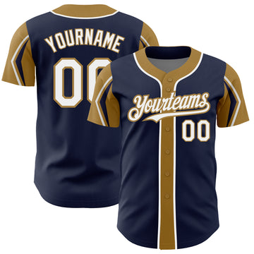 Custom Navy White-Old Gold 3 Colors Arm Shapes Authentic Baseball Jersey