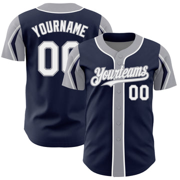 Custom Navy White-Gray 3 Colors Arm Shapes Authentic Baseball Jersey