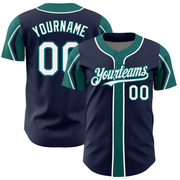 Custom Navy White-Teal 3 Colors Arm Shapes Authentic Baseball Jersey