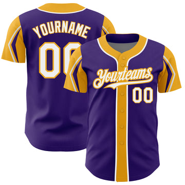 Custom Purple White-Gold 3 Colors Arm Shapes Authentic Baseball Jersey