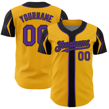 Custom Gold Purple-Black 3 Colors Arm Shapes Authentic Baseball Jersey