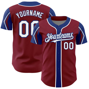 Custom Crimson White-Royal 3 Colors Arm Shapes Authentic Baseball Jersey