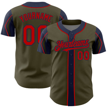 Custom Olive Red-Navy 3 Colors Arm Shapes Authentic Salute To Service Baseball Jersey
