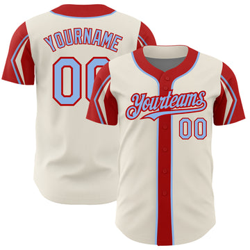 Custom Cream Light Blue-Red 3 Colors Arm Shapes Authentic Baseball Jersey