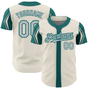 Custom Cream Gray-Teal 3 Colors Arm Shapes Authentic Baseball Jersey