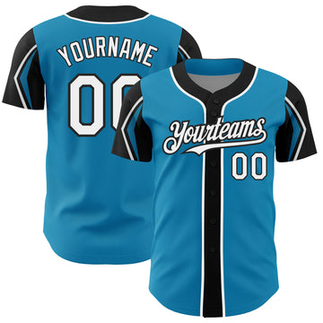 Custom Panther Blue White-Black 3 Colors Arm Shapes Authentic Baseball Jersey