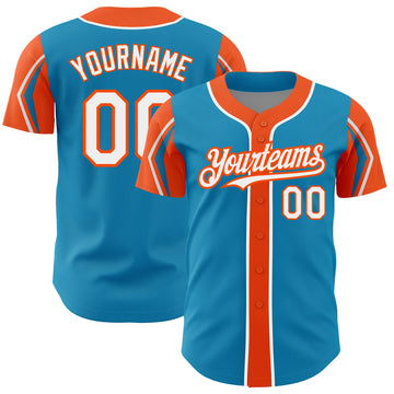 Custom Panther Blue White-Orange 3 Colors Arm Shapes Authentic Baseball Jersey