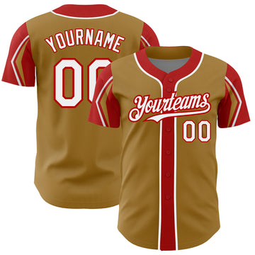 Custom Old Gold White-Red 3 Colors Arm Shapes Authentic Baseball Jersey