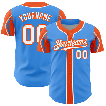 Custom Electric Blue White-Orange 3 Colors Arm Shapes Authentic Baseball Jersey