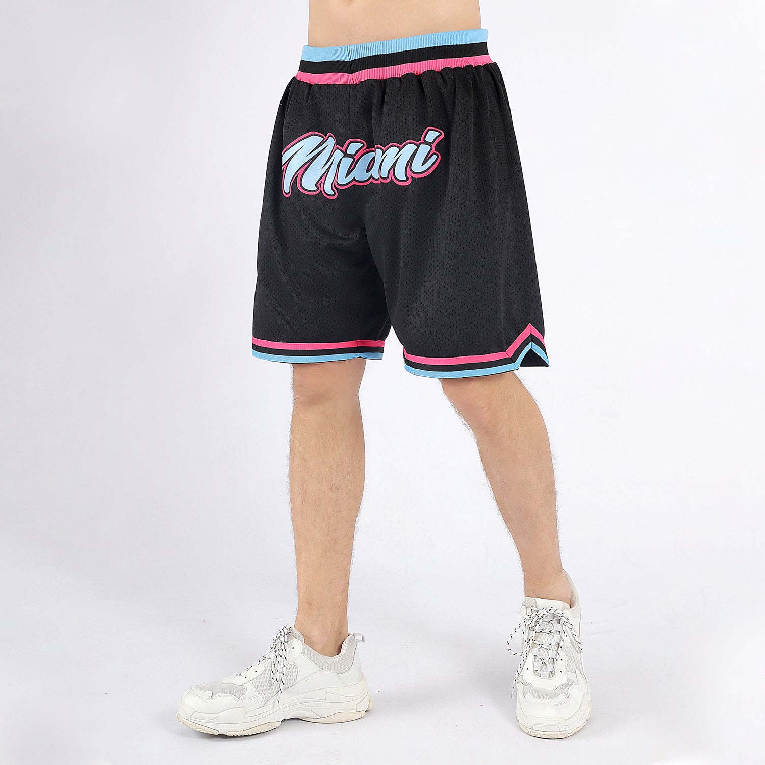 Custom Pink White-Light Blue Authentic Throwback Basketball Shorts