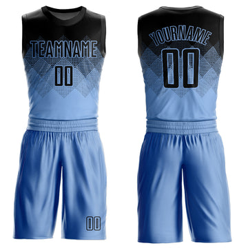 Custom Light Blue Black Round Neck Sublimation Basketball Suit Jersey