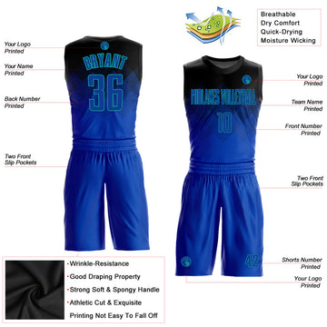 Custom Black Royal-Light Blue Round Neck Sublimation Basketball Suit Jersey