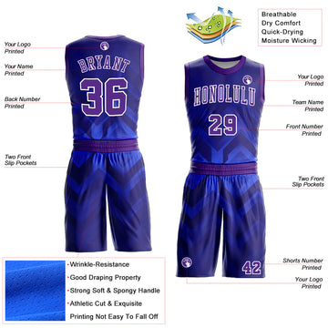 Custom Royal Purple-White Round Neck Sublimation Basketball Suit Jersey