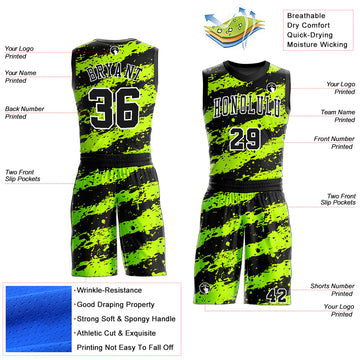 Custom Neon Green Black-White Round Neck Sublimation Basketball Suit Jersey